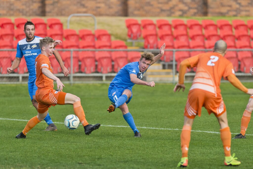 Chris Hatfield strikes for South West Queensland Thunder against Cairns FC in NPL Queensland men round 26 football at Clive Berghofer Stadium, Saturday, August 25, 2018. Picture: Kevin Farmer