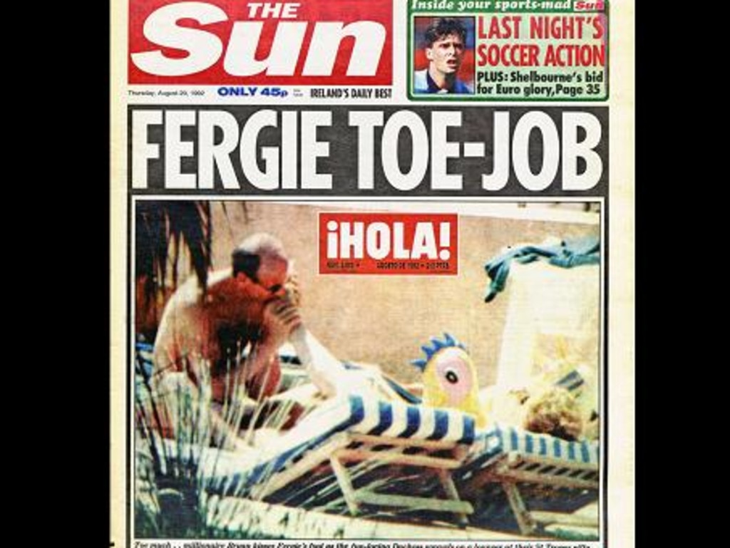 Princess Sarah Ferguson toe-sucking incident on the front page of <i>The Sun. </i>                     