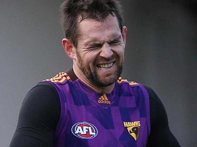 Hawthorn training at Waverley Park. Luke Hodge feels his injured finger after a marking drill Picture:Wayne Ludbey