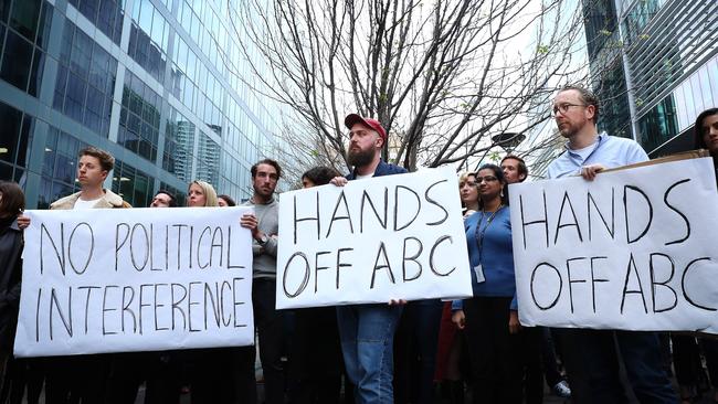 ABC staff at a meeting outside the broadcaster’s Sydney offices. Picture: John Feder