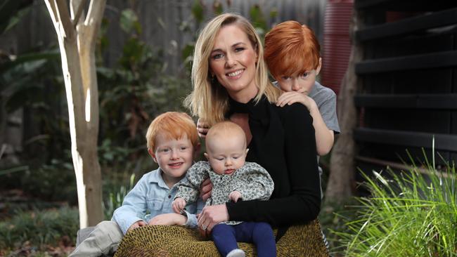 Alicia Loxley with her three children, Archie, 5, Ned, 3, and Ada, 3 months. Picture: Alex Coppel