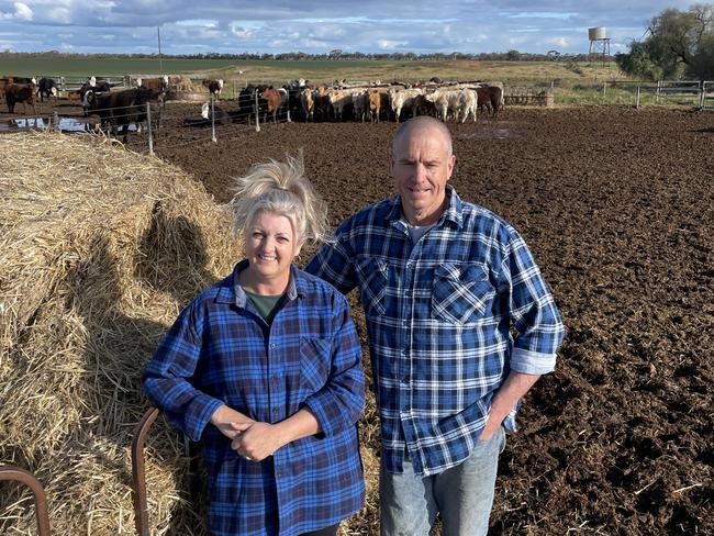 Victorian Mallee mixed farmers Craig and Isla Delmenico standing in their highly profitable feedlot-like operation portion of their farm which Craig runs.