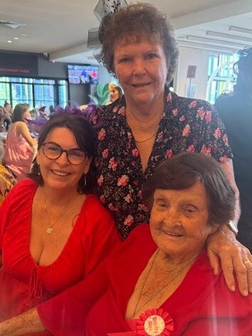 Caroline, Dorothy, and Norelle Meredith celebrating Dorothy's 99th Birthday and the Melbourne Cup at Gympie RSL Club.