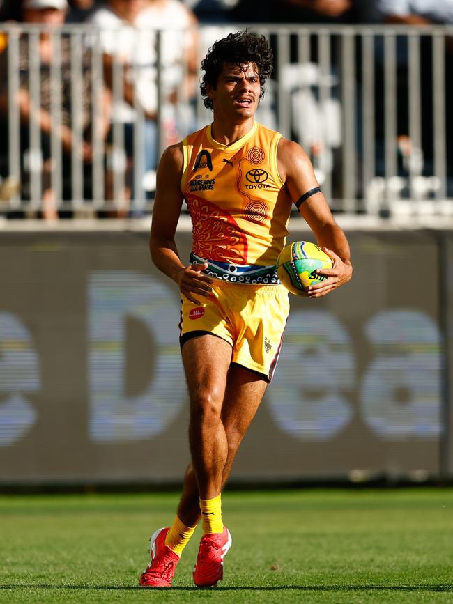 Lawson Humphries in action for the Indigenous All Stars. Dylan Burns/AFL Photos via Getty Images