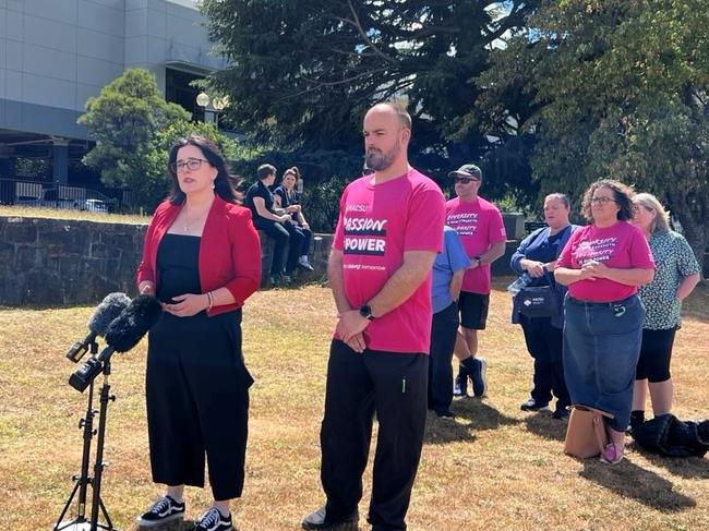 Labor's Ella Haddad speaks outside the Launceston General Hospital on Wednesday, February 19, 2025.