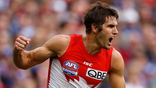 Josh Kennedy of the Sydney Swans celebrates a goal during the 2016 Grand Final.