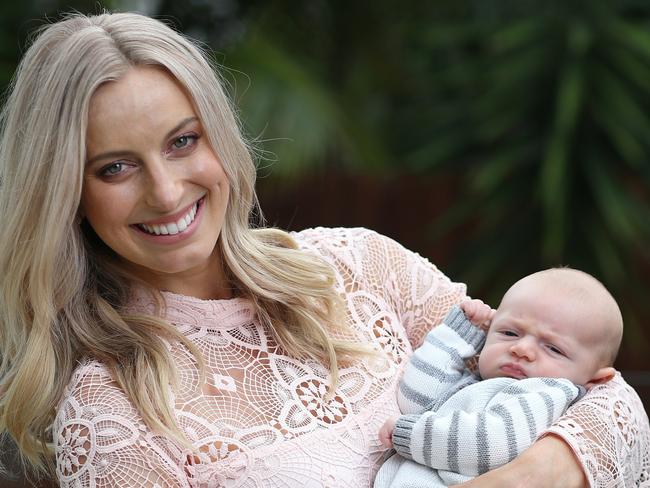 Netball star Laura Geitz with baby son Barney. Photo Peter Wallis