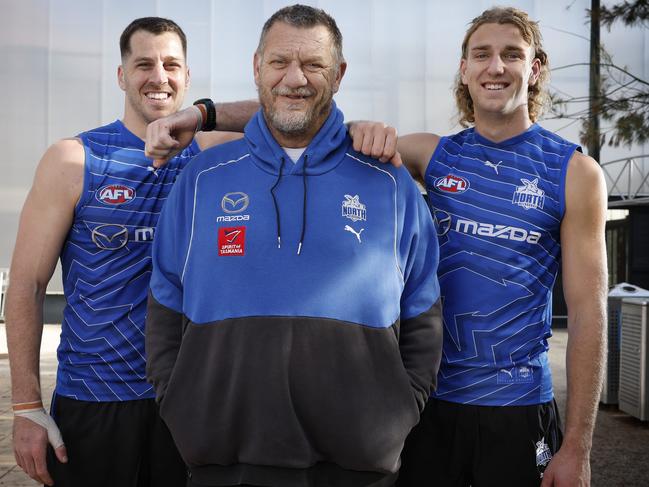 Monkhorst with Tristan Xerri and Taylor Goad, who he works with closely at the Kangaroos. Picture: Michael Klein