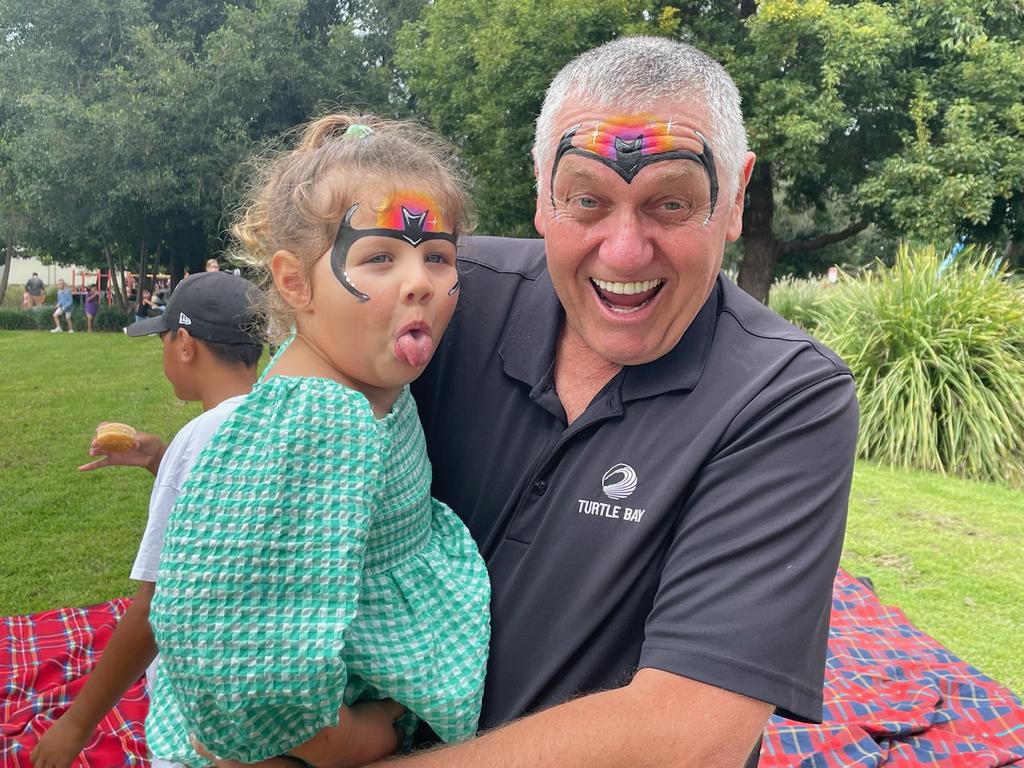 Doting granddad Ray Hadley gets matching facepaint with Lola. Picture: Supplied