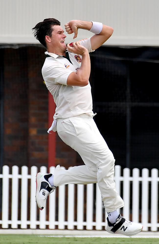 Redlands bowler James Bazley First grade cricket final between UQ and Redlands . Picture, John Gass