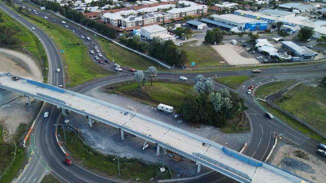 Aerial view of construction roadworks of the northern end of the Smithfield bypass road and overpass flyover at the McGregor Road roundabout, Smithfield. Picture: Brendan Radke