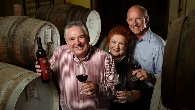 Accolade Wines (owner of Hardys) acquired Grant Burge Wines in 2014. Helen and Grant Burge with Bill Hardy at the Grant Burge winery. Picture Campbell Brodie.