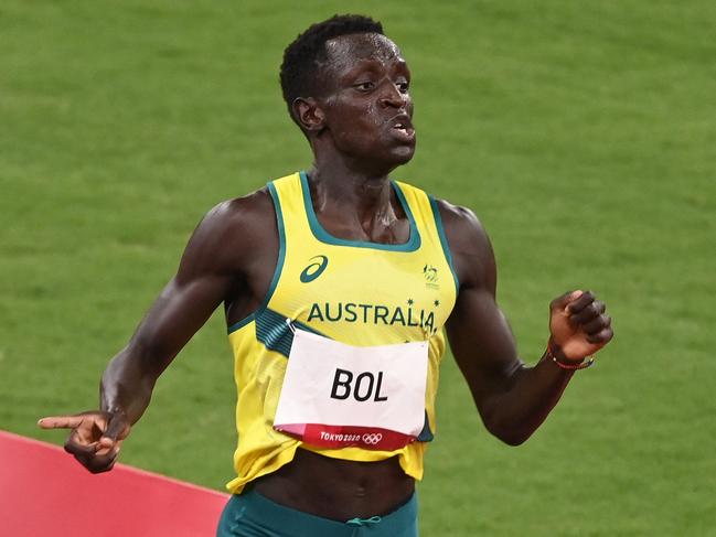 Australia's Peter Bol reacts after arriving first in the men's 800m semi-finals during the Tokyo 2020 Olympic Games at the Olympic Stadium in Tokyo on August 1, 2021. (Photo by Ina FASSBENDER / AFP)