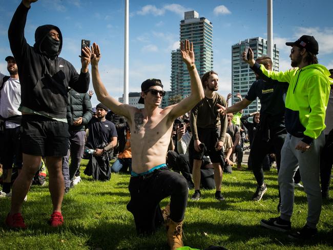 ‘Protesters’ gather at the Shrine of Remembrance in Melbourne. Picture: Getty Images