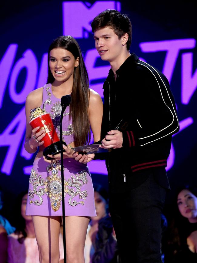 Hailee Steinfeld and Ansel Elgort speak onstage during the 2017 MTV Movie And TV Awards at The Shrine Auditorium on May 7, 2017 in Los Angeles, California. Picture: Getty