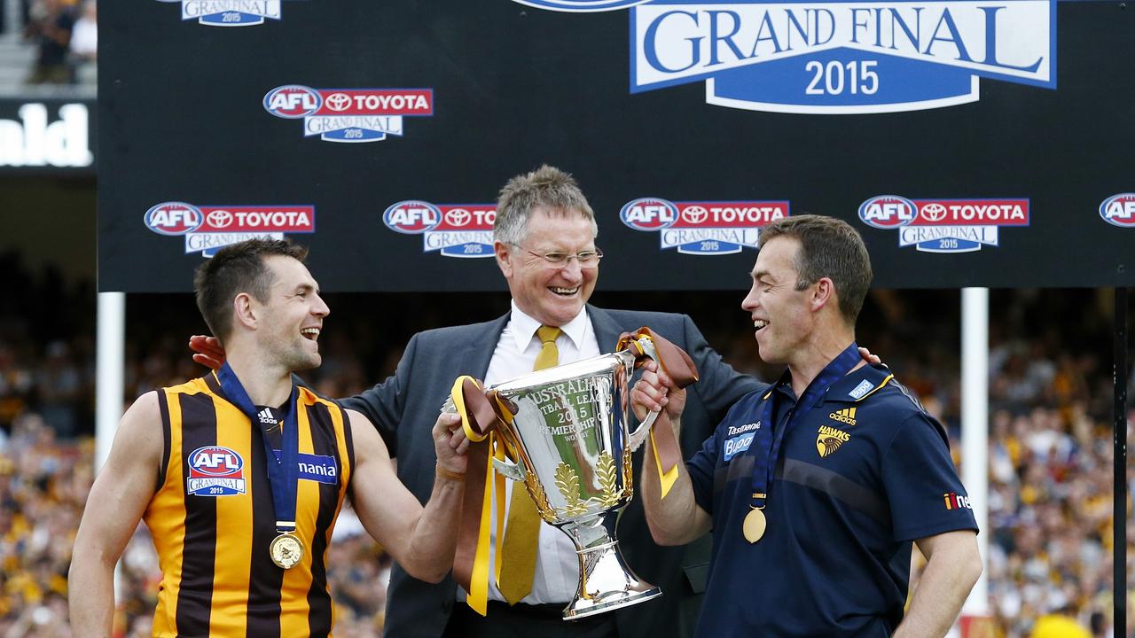 Luke Hodge and Clarkson with the 2015 premiership cup. Picture: Colleen Petch