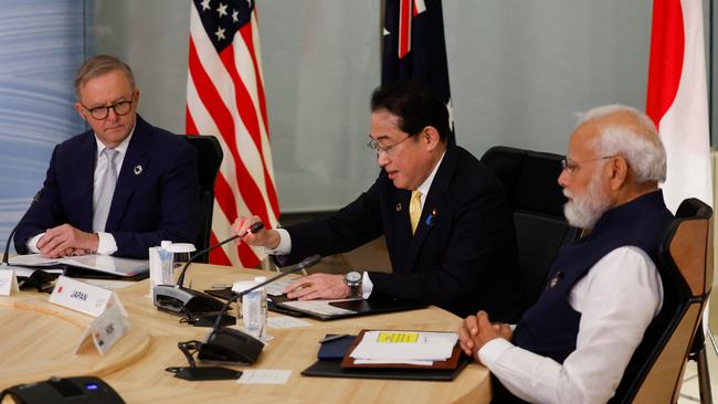 Prime Minister Anthony Albanese (L), Japan's Prime Minister Fumio Kishida (C), India's Prime Minister Narendra Modi, and US President Joe Biden (not pictured) hold a quad meeting on the sidelines of the G7 Leaders' Summit. Picture: Getty