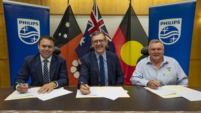 Matt Moran, Managing Director Australia &amp; New Zealand at Philips General Manager Health Systems Australia &amp; New Zealand, NT Chief Minister Michael Gunner, Gary Hogan NT Security Advisory Group (representing Swisstec). Picture: SUPPLIED