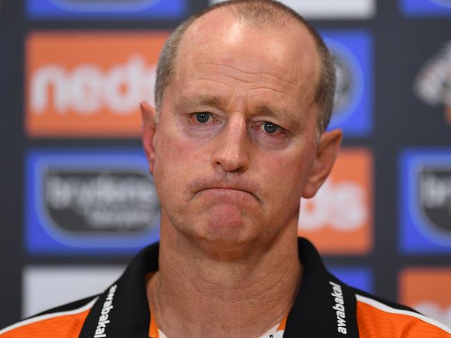 BRISBANE, AUSTRALIA - SEPTEMBER 05: West Tigers coach Michael Maguire speaks to the media after his team's defeat during the round 25 NRL match between the Wests Tigers and the Canterbury Bulldogs at Moreton Daily Stadium, on September 05, 2021, in Brisbane, Australia. (Photo by Albert Perez/Getty Images)