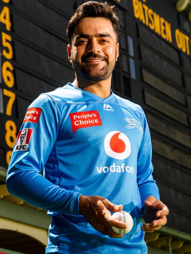 Adelaide Striker Rashid Khan at Adelaide Oval in January. He has called for support for his home country Afghanistan. Picture: Morgan Sette