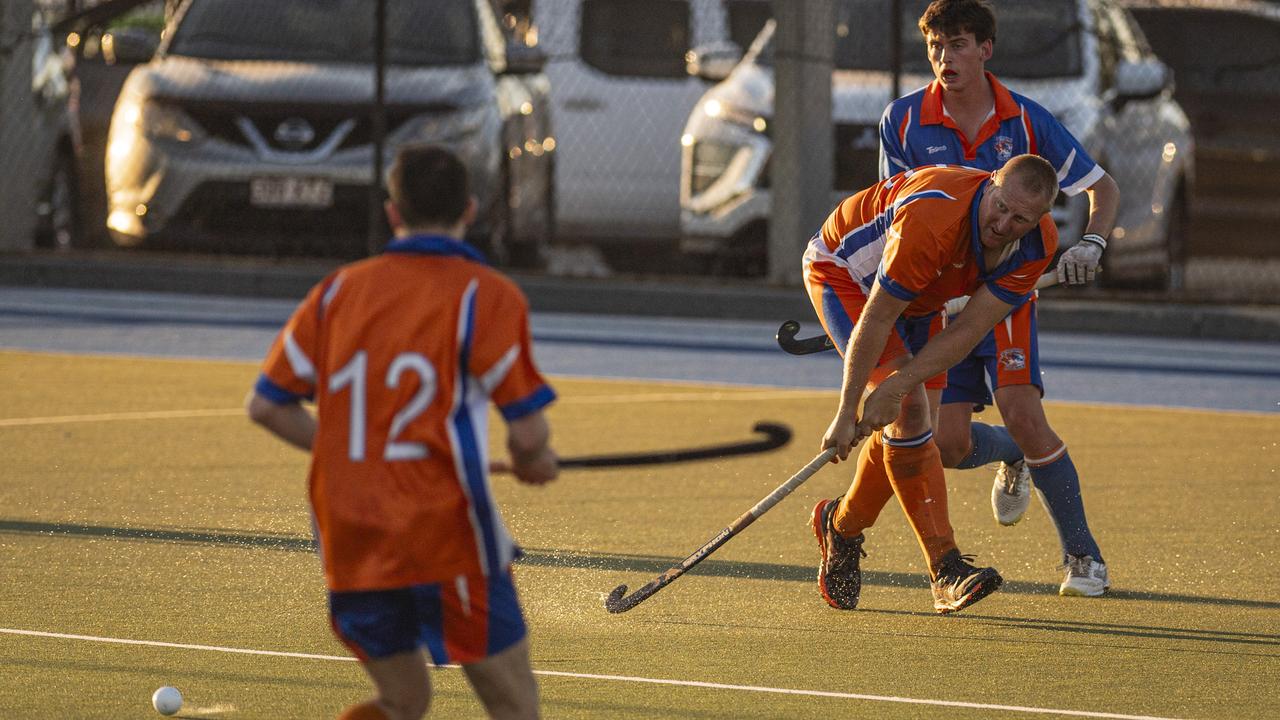 Matthew Siebuhr of Newtown Orange against Newtown Blue in A2 Men's Toowoomba Hockey grand final at Clyde Park, Saturday, September 7, 2024. Picture: Kevin Farmer