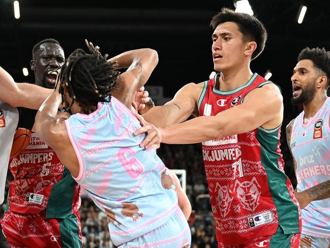 Reuben Te Rangi pushed Parker Jackson-Cartwright as the melee began. Picture: Getty Images