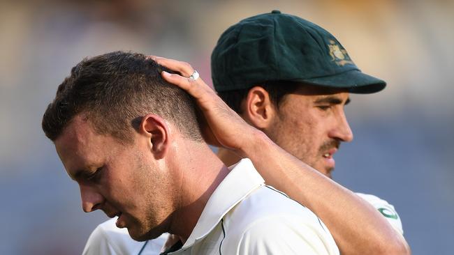 Josh Hazlewood, left, and Mitchell Starc are in the mix as selectors ponder which of Australia’s quicks will sit out the first Test of the Ashes series. Picture: AAP