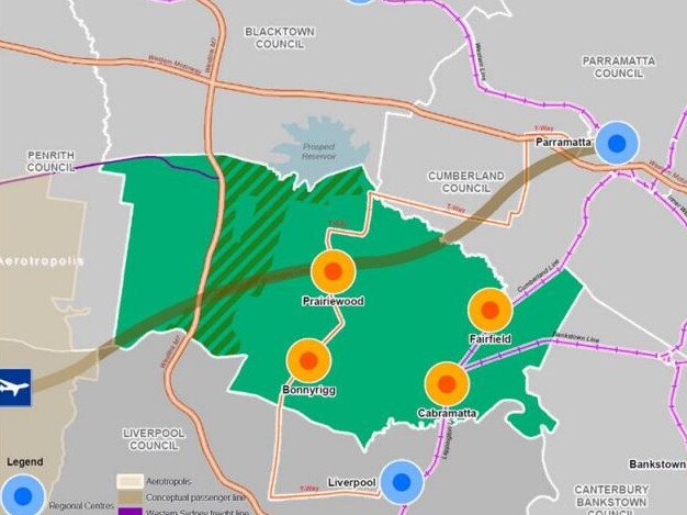 A potential train line would run through the town centre of Prairiewood, connecting Parramatta to Western Sydney Airport. Picture: Fairfield City Draft Local Strategic Planning Statement