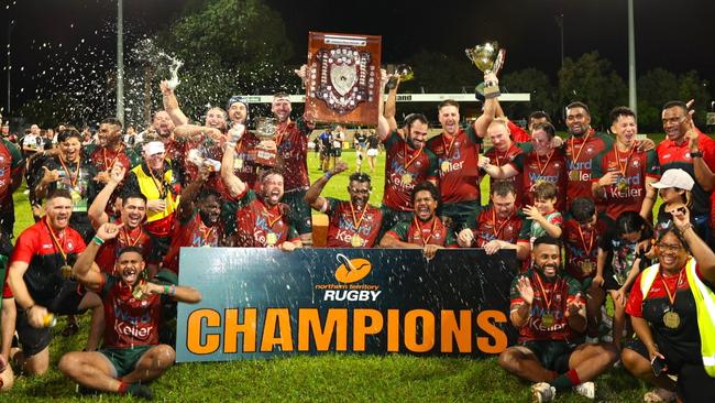 South Darwin celebrating its 2024-25 A-grade grand final victory. Picture: Pema Tamang Pakhrin