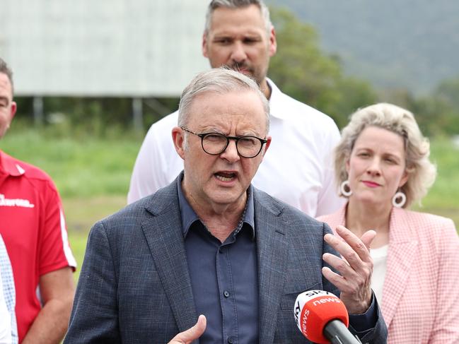 Construction of Queensland's biggest social and affordable housing project of 490 homes will begin next week, on the site of the former Cairns drive in theatre at Woree. Queensland Premier Steven Miles, Labor candidate for Mulgrave Richie Bates (obscured), Member for Barron River Craig Crawford, Prime Minister Anthony Albanese, Labor candidate for Leichhardt Matt Smith Federal Minister for Housing Clare O'Neil, and Member for Cairns Michael Healy hold a press conference on the project, which will see 245 social and 223 affordable houses built, in addition to 22 specialist disability apartments. Picture: Brendan Radke