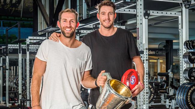 Former Collingwood players Travis Cloke and Dale Thomas come together as part of a segment for Dancing With the Stars. Picture: Jake Nowakowski