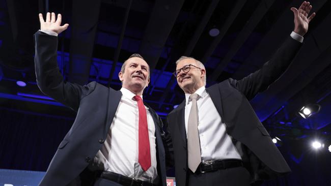 West Australian Premier Mark McGowan, left. with Anthony Albanese at the Labor campaign launch in Perth. Picture: Twitter