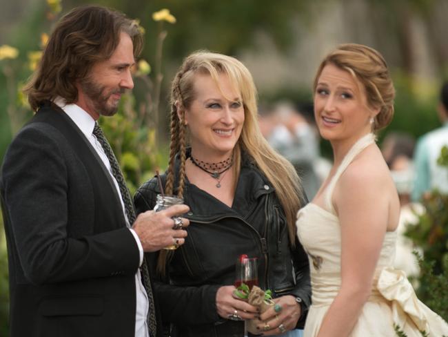 This photo provided by courtesy of Sony Pictures shows, Rick Springfield, from left, as Greg, Meryl Streep, as Ricki, and Mamie Gummer as Julie, in TriStar Pictures' "Ricki and the Flash." The movie opens in U.S. theaters on Friday, Aug. 7, 2015. (Bob Vergara/Sony Pictures via AP)