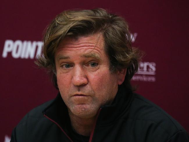 SYDNEY, AUSTRALIA - NCA NewsWire Photos - July 26, 2022: Manly Sea Eagles Coach Des Hasler addresses the media in a press conference in Sydney. Manly has been plunged into chaos with a host of players considering pulling out of Thursday nightâs clash against the Sydney Roosters because of the clubâs inclusive jersey.Picture: NCA Newswire / Gaye Gerard