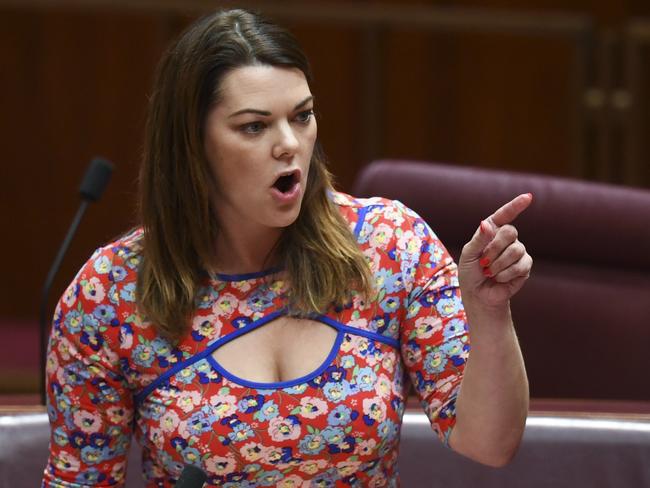 Senator Hanson-Young young attacked Mr O’Sullivan and defended her leader. Picture: AAP Image/Lukas Coch