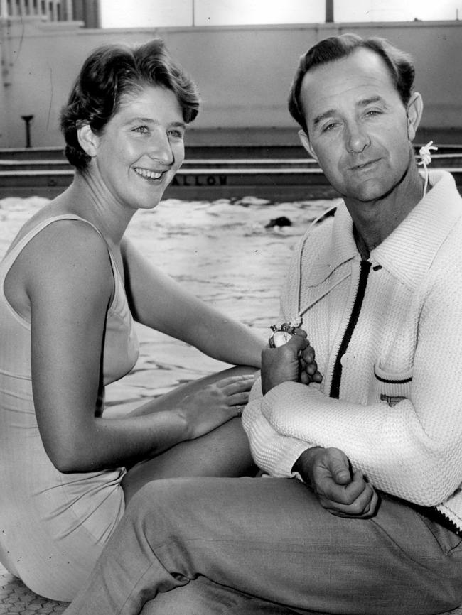 "Moments in Time" liftout.  Aust swimmer Dawn Fraser with swimming coach Harry Gallagher Feb 1967 at Adelaide's City Baths.