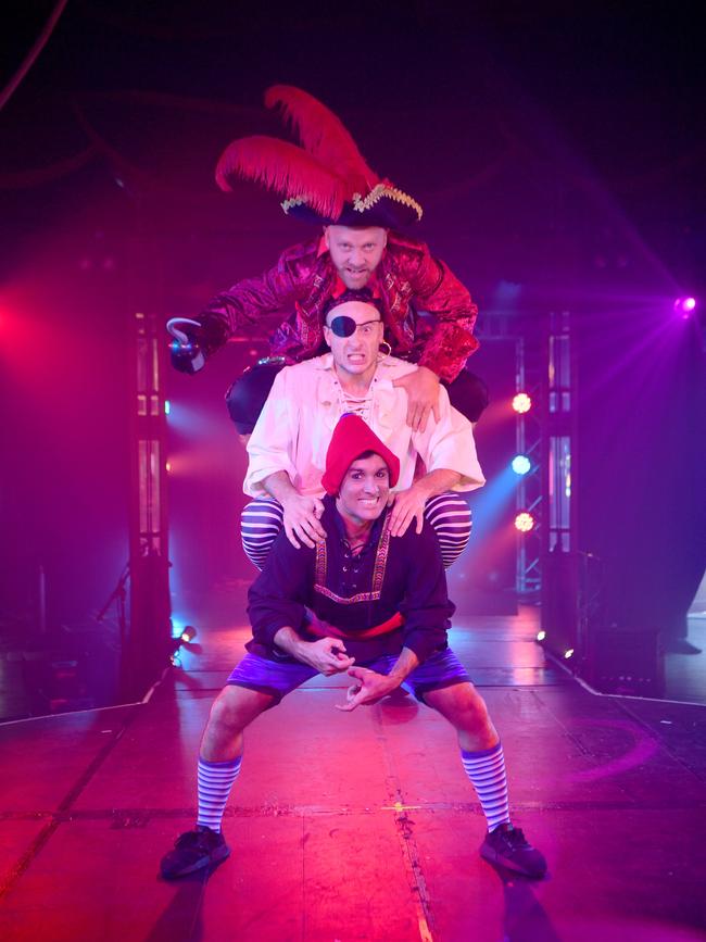 BEST PHOTOGRAPHS 2022. Evan Morgan. Circus Wonderland production a Neverland Adventure will be performing at the Wonderland Spiegeltent at Jezzine Barracks for the school holidays. (bottom) Rowan Thomas and (middle) Bavo Delbeke as pirates and (top) Sam Alkham as Captain Hook. Picture: Evan Morgan