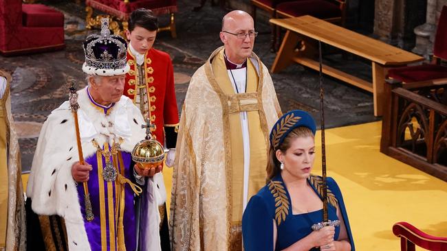 Lord President of the Council, Penny Mordaunt, holding the Sword of State walking ahead of King Charles III during the Coronation of King Charles III. Picture: Getty