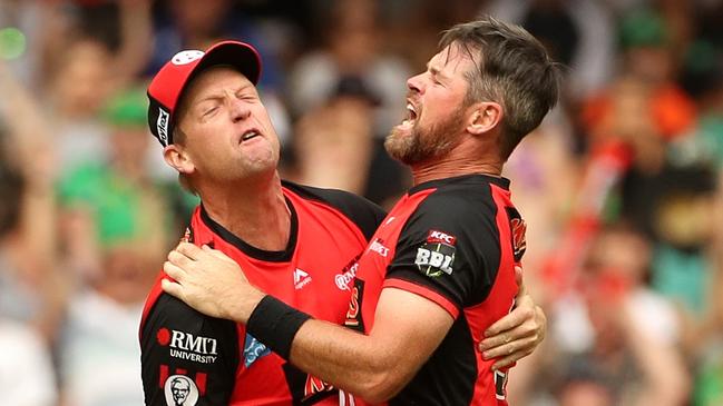 Cameron White celebrates with Dan Christian in the 2019 BBL final won by the Renegades. Picture: AAP