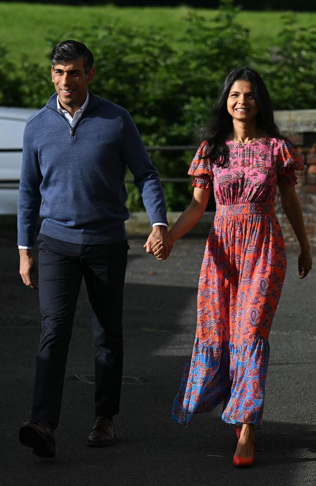 Britain's Prime Minister and Conservative Party leader Rishi Sunak arrives with his wife Akshata Murty to cast their votes. Picture: AFP