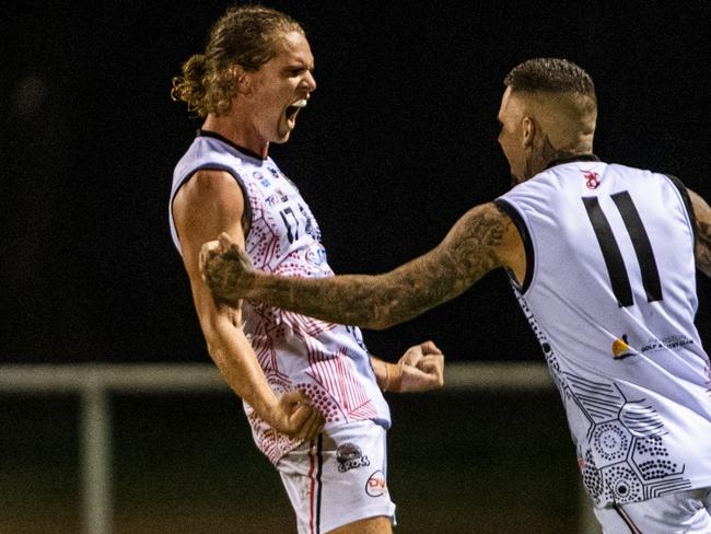 Jed Anderson celebrates a goal for Southern Districts against the Tiwi Bombers in Round 3 of the 2024-25 NTFL season. Picture: Pema Tamang Pakhrin