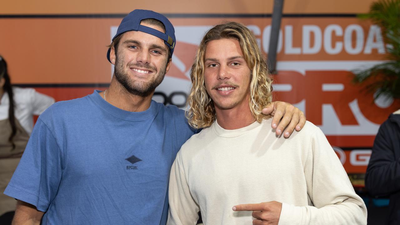 Justin Becret and Kian Martin at the Gold Coast Pro surfing contest launch party at Snapper Rocks, for The Pulse. Picture: Celeste Humphrey