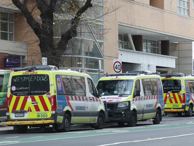 Ambulance vehicles in front of the Royal Melbourne hospital for ramping story. Thursday, June 20. 2024. Picture: David Crosling