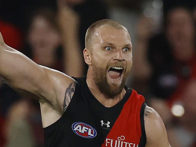 MELBOURNE , AUSTRALIA. March 30, 2024.  AFL Round 3. Essendon vs St Kilda at Marvel Stadium.   Jake Stringer of the Bombers celebrates his goal that put the bombers infront 4th qtr   . Pic: Michael Klein