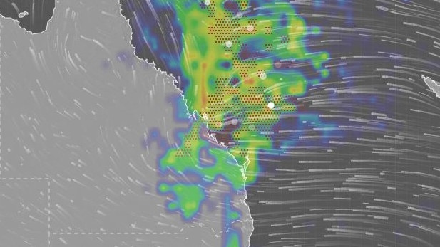 Parts of Queensland are on flood watch today with isolated falls of 150mm possible. Picture: Ventusky