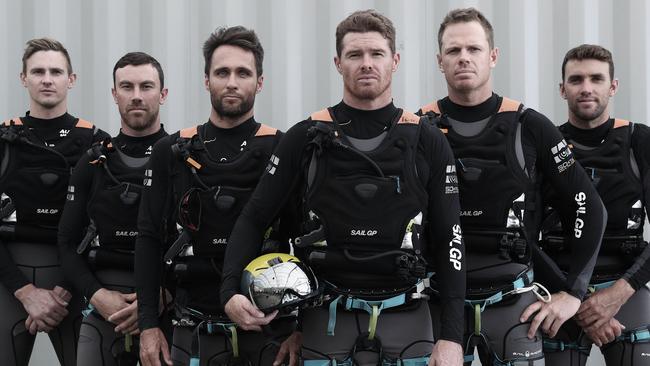 The Australia SailGP team of Kyle Langford, Kinley Fowler, Ky Hurst, Tom Slingsby, Sam Newton and Jason Waterhouse. Pic: Brett Costello