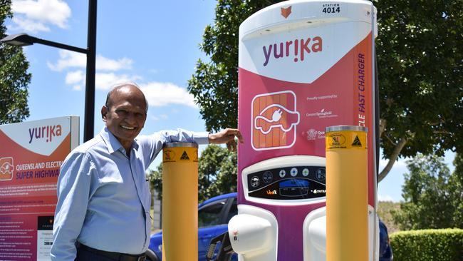 Springfield City Group chairman Maha Sinnathamby at a fast charging station. The visionary is eager for Springfield to become the world's most eco-friendly community by 2038. Picture: Ebony Graveur