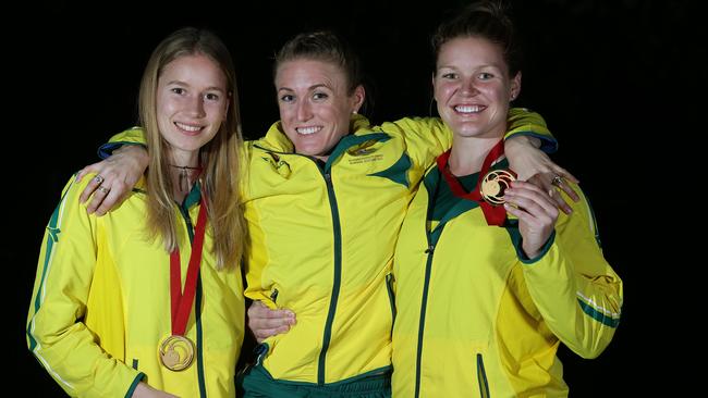 Australian Golden Girls Eleanor Patterson, Sally Pearson and Dani Samuels after winning at the Commonwealth Games. Picture: Adam Head