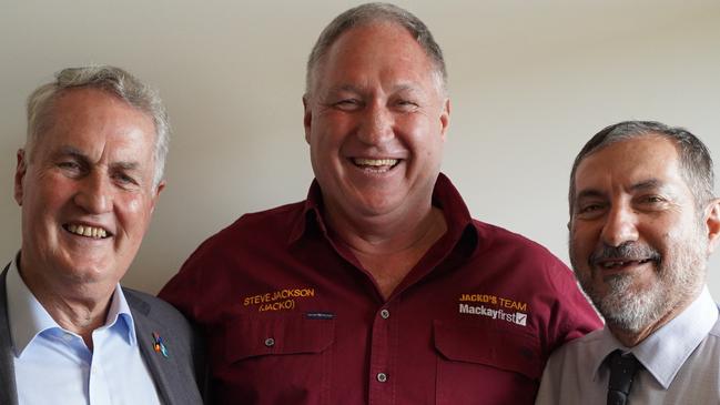 Mayoral candidates for the 2024 Mackay Regional Council (from left): incumbent mayor Greg Williamson, Steve Jackson, and incumbent councillor Laurence Bonaventura, at the Mackay Chamber of Commerce annual mayor's debate. Picture: Heidi Petith