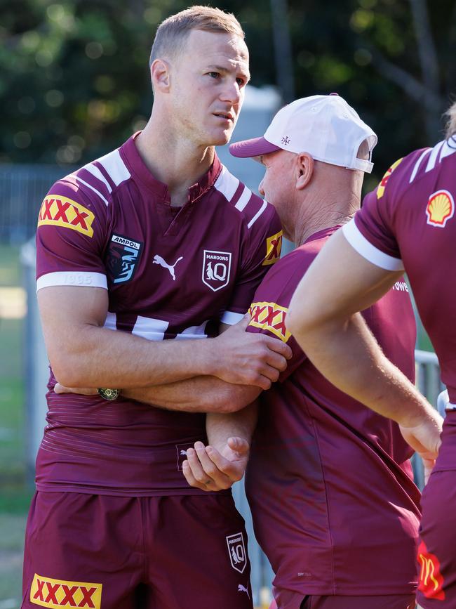 Daly Cherry-Evans gets a cuddle from Alfie Langer. Picture: Lachie Millard